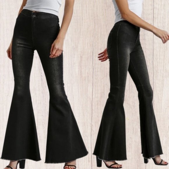 Umgee High Rise Fringe Hem Boho 70s Bell Bottom Stretch Denim Jeans Black New 7 - Picture 1 of 13
